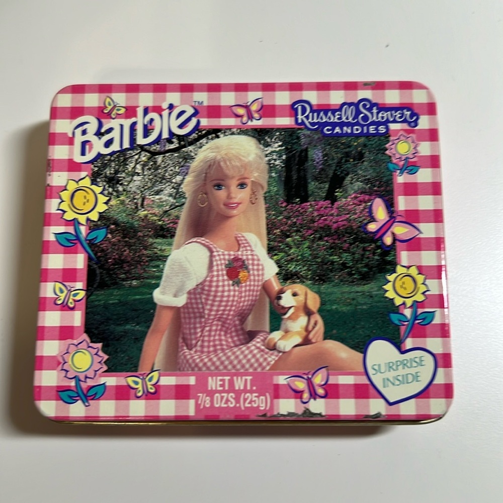 Vintage Russell Stover Barbie stamp and stickers tin